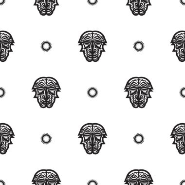 Tiki yüzlü, maskeli ya da totemli kusursuz bir desen. Polinezya tarzında desenler. Parmak izi, tekstil ve altyapı için iyi. İzole edilmiş. Vektör illüstrasyonu.