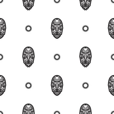 Tiki yüzlü, maskeli ya da totemli kusursuz bir desen. Polinezya tarzında desenler. Parmak izi, tekstil ve altyapı için iyi. İzole edilmiş. Vektör illüstrasyonu.