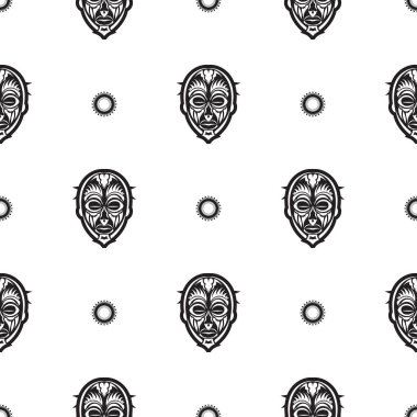 Tiki maskeli ya da totemli kusursuz desen. Polinezya tarzında desenler. Parmak izi, tekstil ve altyapı için iyi. İzole edilmiş. Vektör illüstrasyonu.