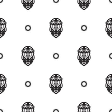 Tiki maskeli ya da totemli kusursuz desen. Polinezya tarzında desenler. Parmak izi, tekstil ve altyapı için iyi. İzole edilmiş. Vektör illüstrasyonu.