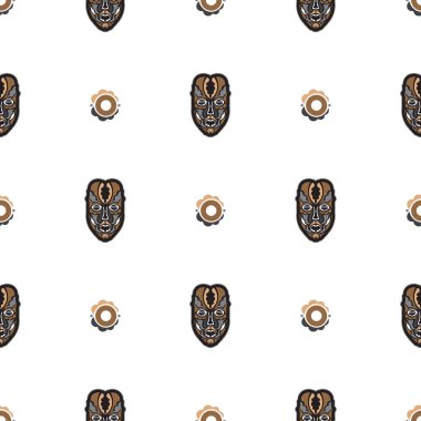 Kusursuz desenli, maskeli, Maori ya da Samoa tarzında. Polinezya tarzı tiki. Vektör illüstrasyonu