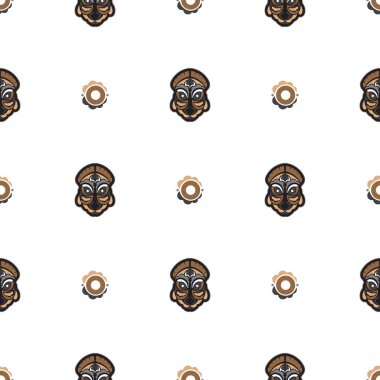 Kusursuz desenli, maskeli, Maori ya da Samoa tarzında. Polinezya tarzı tiki. Vektör illüstrasyonu