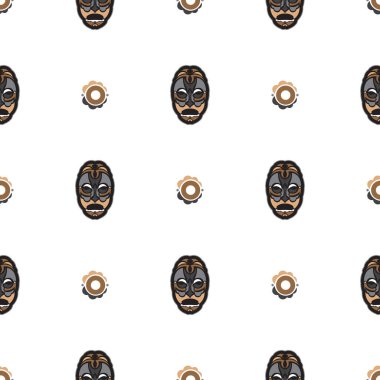 Kusursuz desenli ve Samoa tarzında maskeli. Polinezya tarzı tiki. Vektör illüstrasyonu