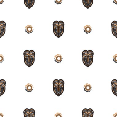 Kusursuz desenli, maskeli, Maori ya da Samoa tarzında. Polinezya tarzı tiki. Geçmiş ve tekstil için iyi. Vektör illüstrasyonu