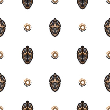 Polinezya tarzında tiki maskeli kusursuz desen. Geçmiş ve tekstil için iyi. Vektör illüstrasyonu
