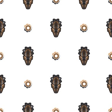 Polinezya tarzında tiki maskeli kusursuz desen. Geçmiş ve tekstil için iyi. Vektör illüstrasyonu