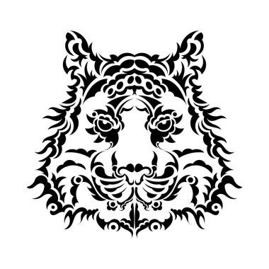 Aslanın yüzü desenlerden oluşur. Kaplan dövmesi beyaz arka planda izole edilmiş. Vektör illüstrasyonu.