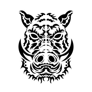 Yaban domuzu kafası. Meditasyon, mandalayı boyama. Sivri dişleri ve saçları olan domuz kafalı. Elle çizim, şablonlar.