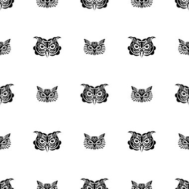 Baykuş suratlı kusursuz bir desen. Maori ve samoa desenleri. Poster, kartpostal, pankart, tekstil ve menü tasarımı için uygun. Vektör illüstrasyonu.