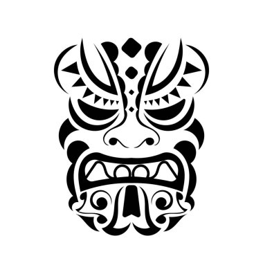Maskeli dövme süsü Maori tarzı. Geleneksel Afrika ayini maskesi Tiki moko.