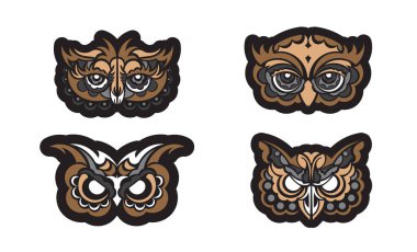 Boho tarzında baykuş. Parmak izi, kartpostal ve baskı için iyi. Vektör illüstrasyonu.