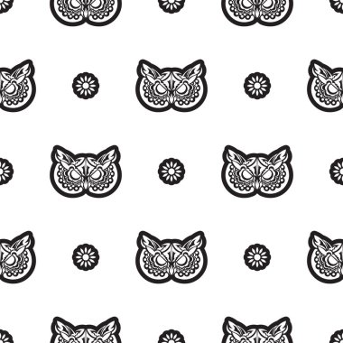 Siyah-beyaz desensiz baykuş yüzü boho tarzında. Giysiler ve tekstil için iyi. Vektör illüstrasyonu.