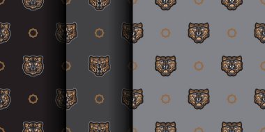 Renkli boho tarzında kaplan suratlı kusursuz desen ayarlayın. Polinezya tarzı kaplan suratlı. Geçmişleri, parmak izleri, giyim ve tekstil için iyi. Vektör illüstrasyonu.