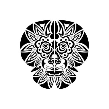 Beyaz arka planda aslan dövmesi. Polinezya tarzı aslan surat. Vektör illüstrasyonu.