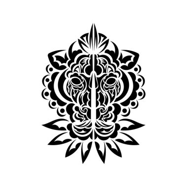 Beyaz arka planda aslan dövmesi. Polinezya tarzı aslan surat. Vektör illüstrasyonu.