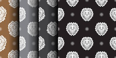 Basit bir şekilde aslan başlı, kusursuz desenli bir set. Giysiler ve tekstil için iyi. Vektör illüstrasyonu.