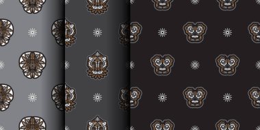 Kaplan kafasıyla kusursuz deseni basit bir boho stiliyle ayarlayın. İyi kılıflar, kumaşlar ve baskı. Vektör illüstrasyonu.