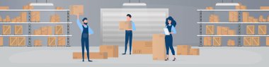 People in safety clothes work at warehouse vector flat illustration. Man and woman inside storage of logistic delivery service. Staff surrounded by boxes on rack and transport of storehouse interior clipart