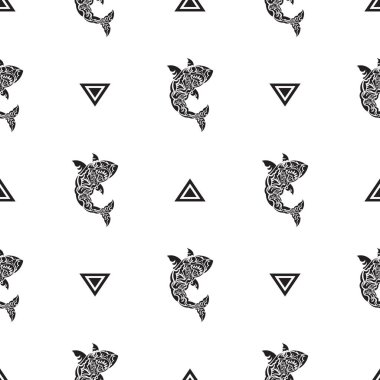 Köpek balıklarıyla kusursuz siyah beyaz desenli. Geçmişleri, parmak izleri, giyim ve tekstil için iyi. Vektör illüstrasyonu.