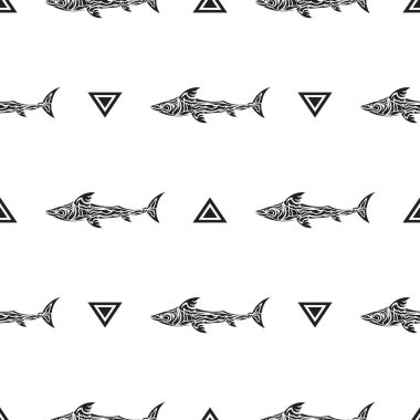 Köpek balıklarıyla kusursuz siyah beyaz desenli. Kapaklar, kumaşlar, kartpostallar ve baskı için iyi. Vektör illüstrasyonu.