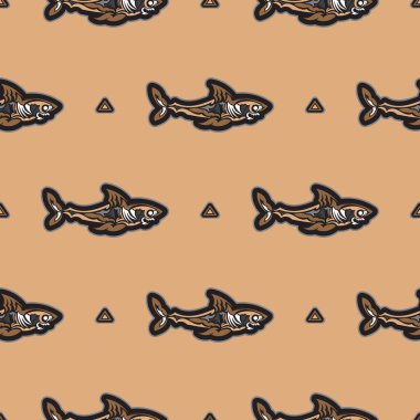 Köpekbalıklarıyla kusursuz koyu bir desen. Duvar kağıdı, kumaş, kartpostal ve baskı için iyidir. Vektör illüstrasyonu.
