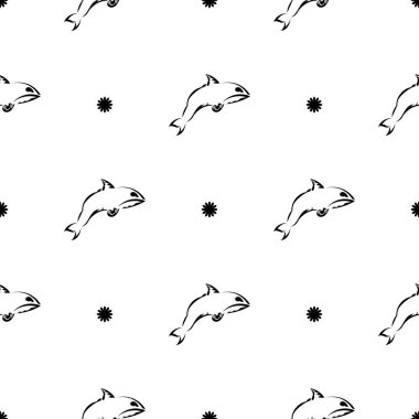 Basit Biçimli Balinalı Kusursuz Siyah ve Beyaz Desen. Giysiler, tekstil, geçmiş ve parmak izleri için iyi. Vektör illüstrasyonu.