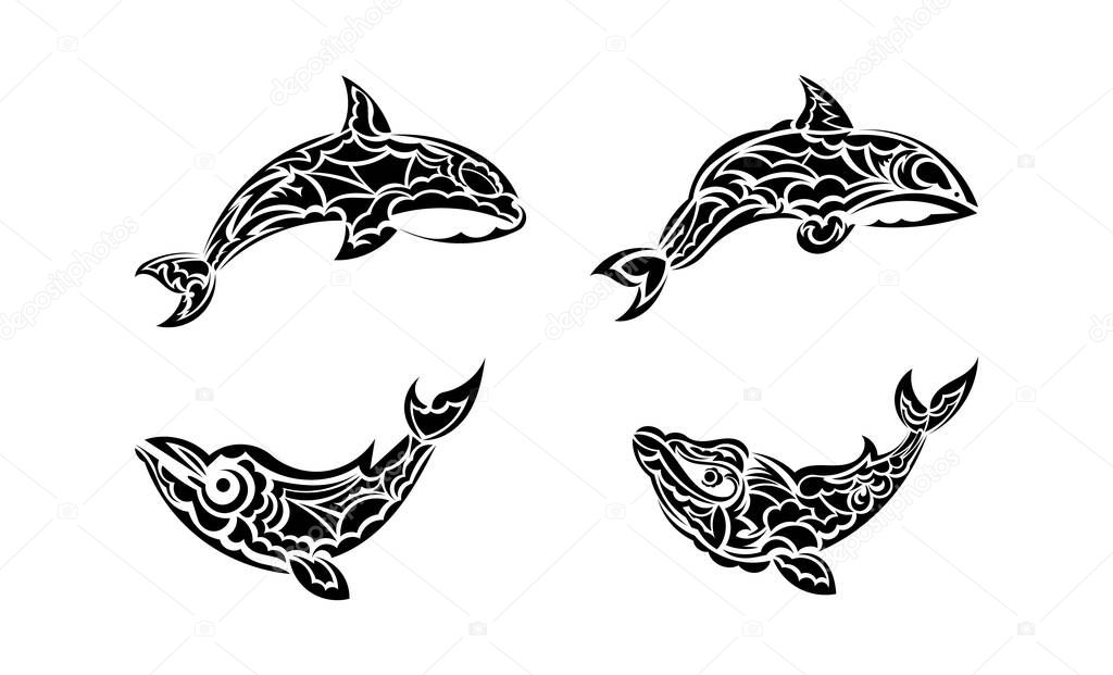 Set of whale tattoo in boho style. Isolated. Vector illustration