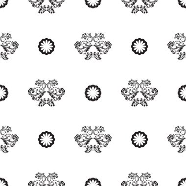 Kusursuz siyah beyaz desenli, çiçekli ve basit harflerle. Duvar kağıdı, kumaş, kartpostal ve baskı için iyidir. Vektör illüstrasyonu.