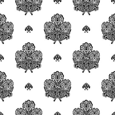 Barok tarzında monogramlı kusursuz siyah beyaz desenli. Giysiler ve tekstil için iyi. Vektör illüstrasyonu.