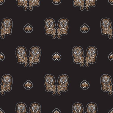 Barok tarzında monogramlı kusursuz koyu bir desen. Kapaklar, kumaşlar, kartpostallar ve baskı için iyi. Vektör illüstrasyonu.
