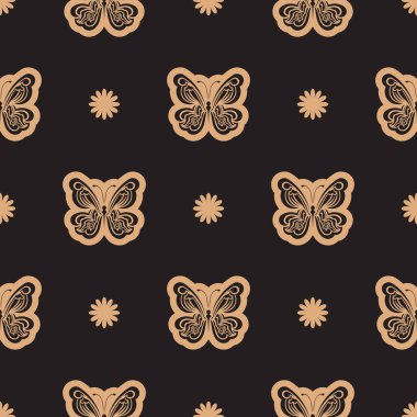 Kelebekli kusursuz koyu bir desen. Barok desenler. Menüler, kartpostallar ve özgeçmişler için iyi. Vektör illüstrasyonu.