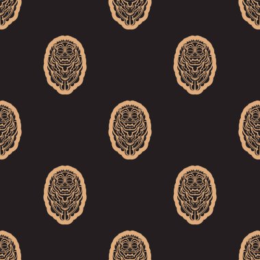 Herhangi bir web tasarımı için Tiki idol deseni kusursuz vektör tekrarı geometrik. Karanlık arka plan. Menüler, kartpostallar, kitaplar, ambalaj kağıtları ve baskılar için..