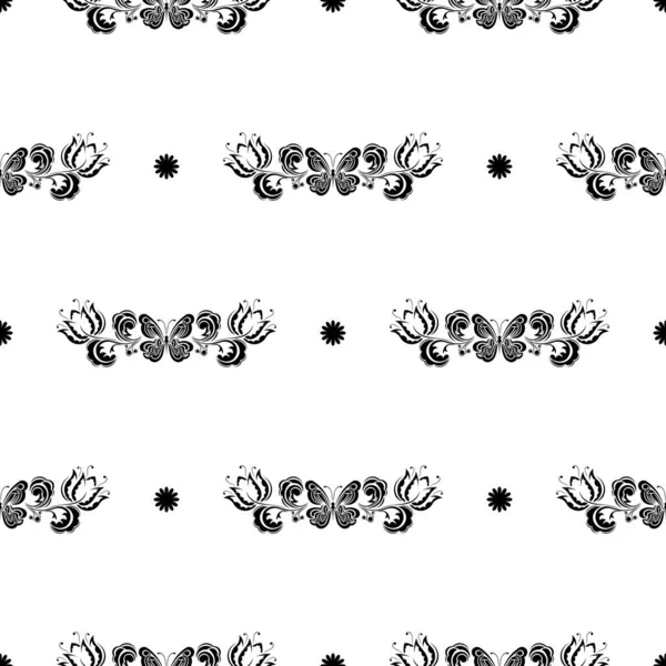 Seamless Black White Pattern Flowers Monograms Simple Style — Stock Vector