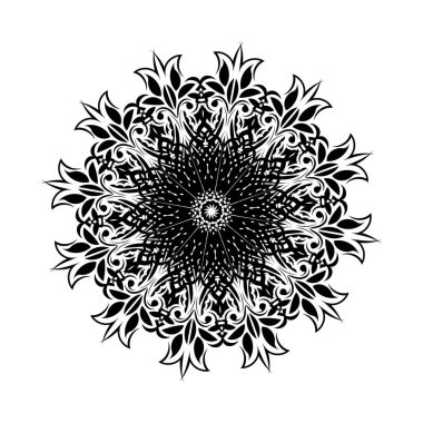 Mandala yuvarlak. Siyah ve beyaz doğuya özgü desen. Etnik motif. Boyama. Dövme şablonu, kına süsü. Psikedelik vektör.