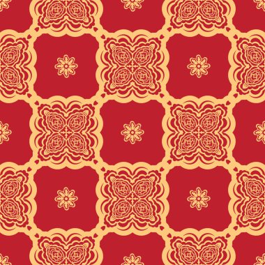 Süslü kırmızı Noel deseni. Giysiler ve tekstil için iyi. Vektör illüstrasyonu.