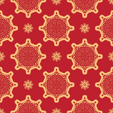 Süslü kırmızı Noel deseni. Giysiler, tekstil, geçmiş ve parmak izleri için iyi. Vektör illüstrasyonu.