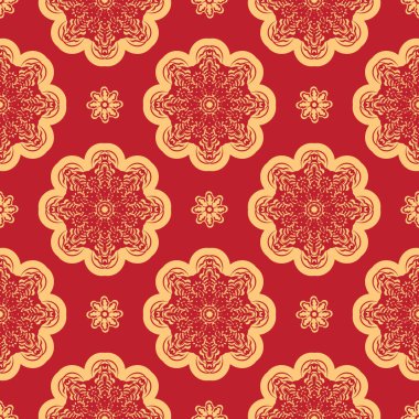 Süslü kırmızı Noel deseni. Giysiler, tekstil, geçmiş ve parmak izleri için iyi. Vektör illüstrasyonu.