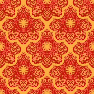 Kırmızı ve sarı pürüzsüz desenli, klasik süslemeli. Duvar resimleri, tekstil ve baskı için iyi. Vektör illüstrasyonu.