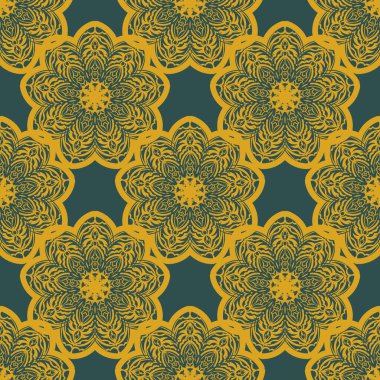 Kaliteli süslemeli yeşil ve sarı desenli. Duvar resimleri, tekstil, kartpostallar ve parmak izleri için iyi. Vektör illüstrasyonu.