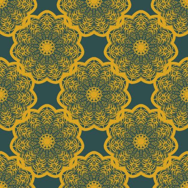 Kaliteli süslemeli yeşil ve sarı desenli. Duvar resimleri, tekstil, kartpostallar ve parmak izleri için iyi. Vektör illüstrasyonu.