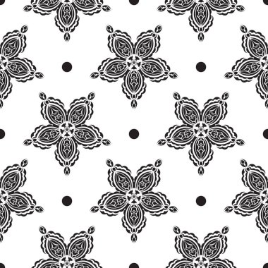 Siyah beyaz desenli, klasik süslemeli. Giysiler, tekstil, geçmiş ve parmak izleri için iyi. Vektör illüstrasyonu.