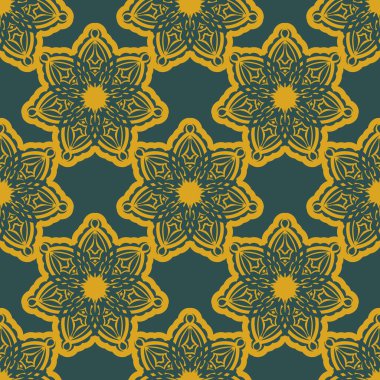 Kaliteli süslemeli yeşil ve sarı desenli. Giysiler ve tekstil için iyi. Vektör illüstrasyonu.