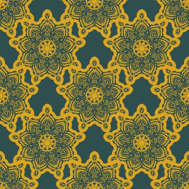 Kaliteli süslemeli yeşil ve sarı desenli. Geçmişleri, parmak izleri, giyim ve tekstil için iyi. Vektör illüstrasyonu.