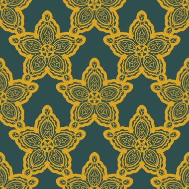 Kaliteli süslemeli yeşil ve sarı desenli. Giysiler, tekstil, geçmiş ve parmak izleri için iyi. Vektör illüstrasyonu.