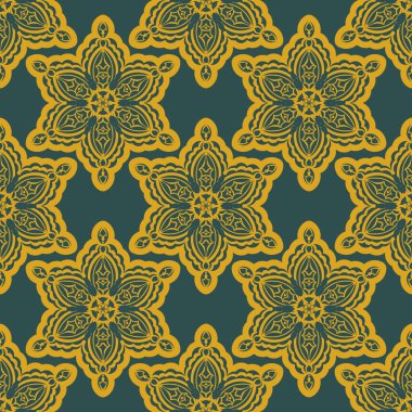 Kaliteli süslemeli yeşil ve sarı desenli. Giysiler, tekstil, geçmiş ve parmak izleri için iyi. Vektör illüstrasyonu.