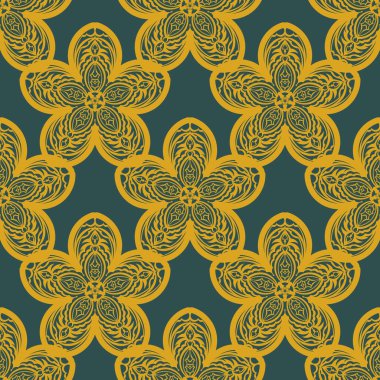 Kaliteli süslemeli yeşil ve sarı desenli. Giysiler, tekstil, geçmiş ve parmak izleri için iyi. Vektör illüstrasyonu.