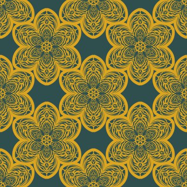 Kaliteli süslemeli yeşil ve sarı desenli. Kapaklar, kumaşlar, kartpostallar ve baskı için iyi. Vektör illüstrasyonu.