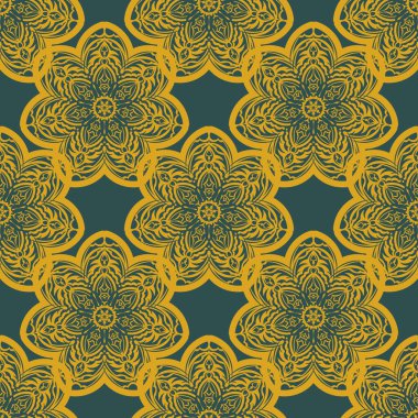 Kaliteli süslemeli yeşil ve sarı desenli. Kapaklar, kumaşlar, kartpostallar ve baskı için iyi. Vektör illüstrasyonu.