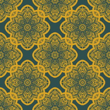 Kaliteli süslemeli yeşil ve sarı desenli. Kapaklar, kumaşlar, kartpostallar ve baskı için iyi. Vektör illüstrasyonu.