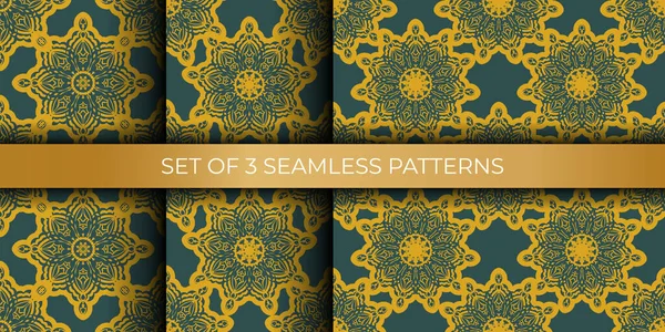 Set Aus Grünen Und Gelben Nahtlosen Mustern Mit Vintage Ornamenten — Stockvektor